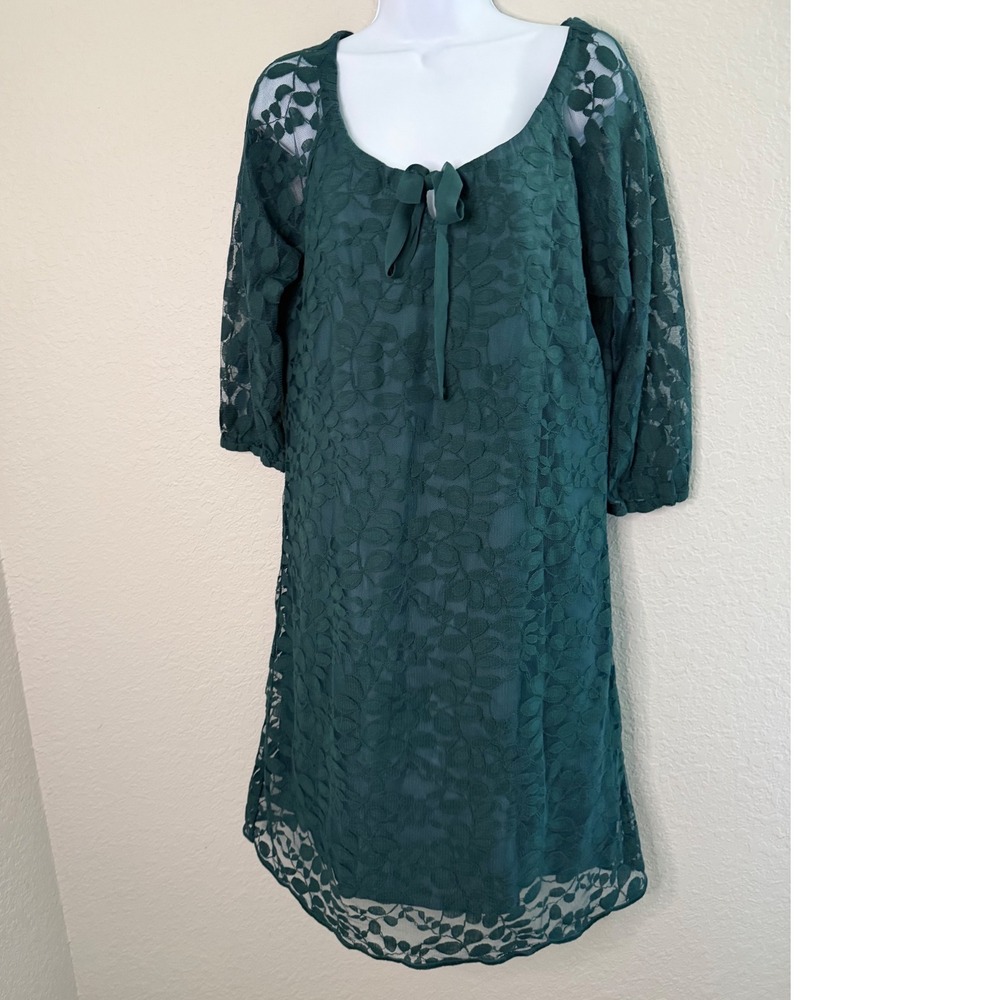 Garnet Hill Green Floral Lace Tie Neck Shift Dress SZ 8 Holiday Modest Feminine